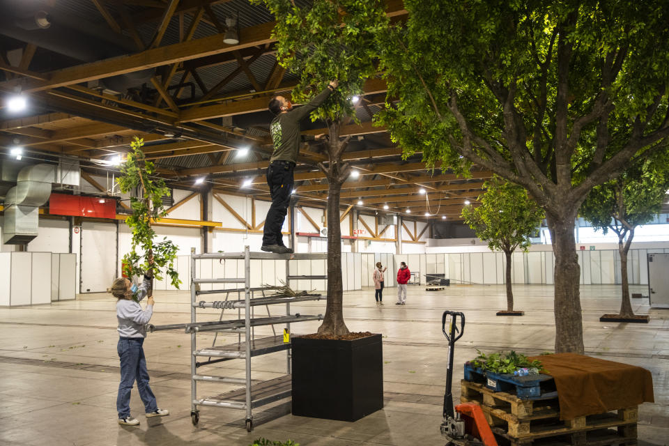 Worker decorate the rest area of a new COVID-19 vaccination centre with fake trees, at the Brussels Expo exhibition centre in Brussels, Thursday, Jan. 28, 2021. Belgian health authorities said Thursday they have inspected a pharmaceutical factory located in Belgium to find out whether the expected delays in the deliveries of AstraZeneca's coronavirus vaccines are due to production issues. (AP Photo/Francisco Seco)