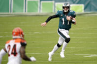 Philadelphia Eagles' Carson Wentz scrambles during the first half of an NFL football game against the Cincinnati Bengals, Sunday, Sept. 27, 2020, in Philadelphia. (AP Photo/Chris Szagola)