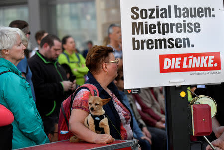 Visitors hear a speech of Gregor Gysi of the Left Party Die Linke during a rally for the upcoming European Parliament elections in Dresden, Germany, April 24, 2019. Picture taken April 24, 2019. REUTERS/Matthias Rietschel