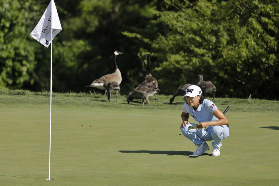 Jennifer Song looks over the 18th hole as geese walk in the background during the second round of the LPGA Tour golf tournament at Kingsmill Resort, Friday, May 24, 2019, in Williamsburg, Va. (Jonathon Gruenke/The Daily Press via AP)