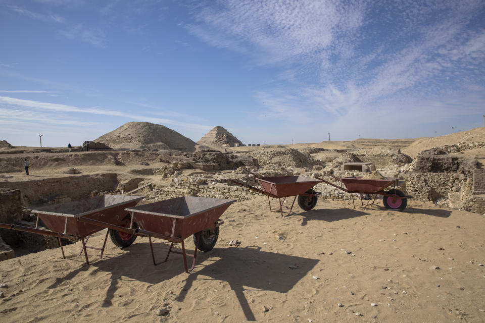 CORRECTS DAY OF WEEK TO SUNDAY -- The excavation site of the funerary temple of Queen Nearit, the wife of King Tetiwhere, that Egyptian archaeologist Zahi Hawass and his team unearthed in a vast necropolis, in Saqqara, south of Cairo, Egypt, Sunday, Jan. 17, 2021. (AP Photo/Nariman El-Mofty)