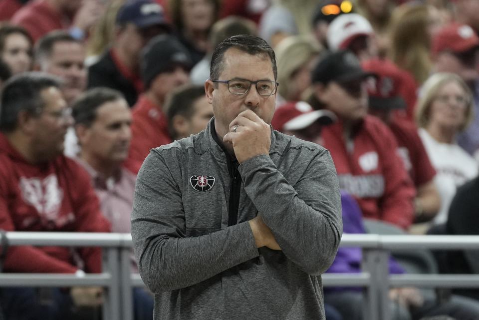 Stanford head coach Jerod Haase watches during the first half of an NCAA college basketball game against the Wisconsin Friday, Nov. 11, 2022, in Milwaukee. The game is being played at American Family Field, home of the Milwaukee Brewers. (AP Photo/Morry Gash)