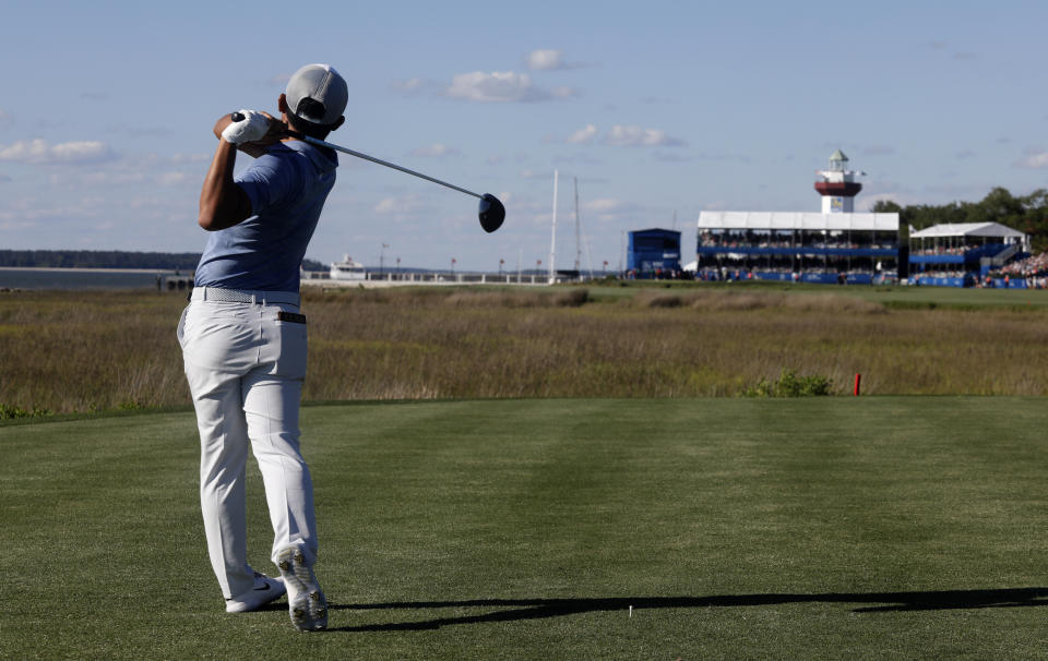 C.T. Pan tees of on 18 during the final round of the RBC Heritage golf tournament at Harbour Town Golf Links on Hilton Head Island, S.C., Sunday, April 21, 2019. Pan won with a 12-under par for his first PGA victory. (AP Photo/Mic Smith)