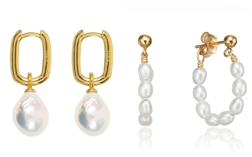 Baroque pearl hoop earrings, £220, ORA Pearls Seed pearl hoop earrings, £89, Lily &amp; Roo