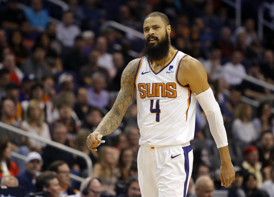 Tyson Chandler is planning to sign with the Los Angeles Lakers after receiving a buyout from the Phoenix Suns on Saturday. (AP Photo/Rick Scuteri)