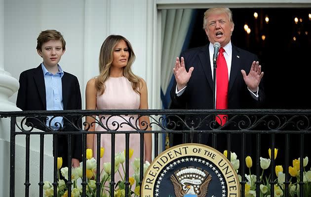 The family appeared on the balcony at the White House where the National Anthem was played. Photo: Getty