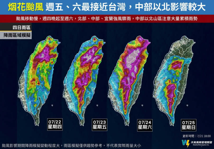 烟花颱風來襲的風雨時程圖。（圖／翻攝天氣風險臉書）