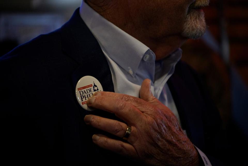 A supporter of Texas House Speaker Dade Phelan wears a campaign button ahead of a Get Out the Vote Rally on Thursday, February 29, 2024, in Vidor, Texas. Deep fissures within the Republican Party have placed Phelan as the No. 1 enemy of Texas’ far-right conservatives.