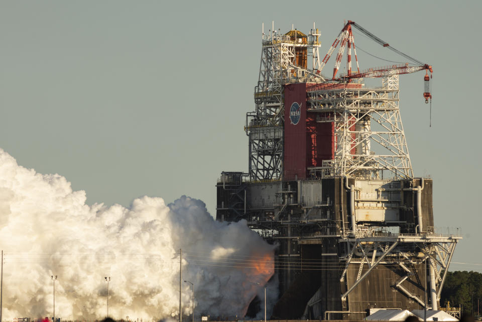 STENNIS SPACE CENTER, MS - JANUARY 16: In this image provided by NASA, the core stage for the first flight of NASA's Space Launch System rocket is seen in the B-2 Test Stand during a scheduled eight minute duration hot fire test, Saturday, Jan. 16, 2021, at NASAs Stennis Space Center near Bay St. Louis, Mississippi. The four RS-25 engines fired for a little more than one minute. The hot fire test is the final stage of the Green Run test series, a comprehensive assessment of the Space Launch Systems core stage prior to launching the Artemis I mission to the Moon.  (Photo by NASA/Robert Markowitz via Getty Images)