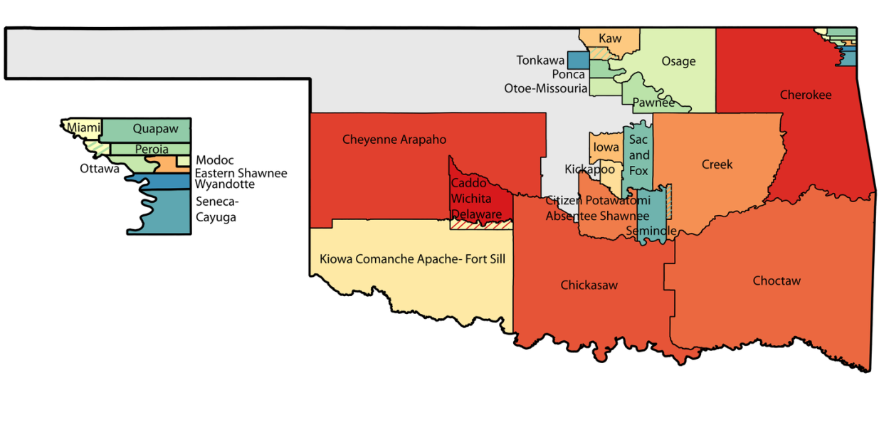 <span class="caption">Large portions of Oklahoma are governed, at least in part, by tribal jurisdiction.</span> <span class="attribution"><a class="link " href="https://commons.wikimedia.org/wiki/File:Oklahoma_Tribal_Statistical_Area.svg" rel="nofollow noopener" target="_blank" data-ylk="slk:crimsonedge34 via Wikimedia Commons;elm:context_link;itc:0;sec:content-canvas">crimsonedge34 via Wikimedia Commons</a></span>