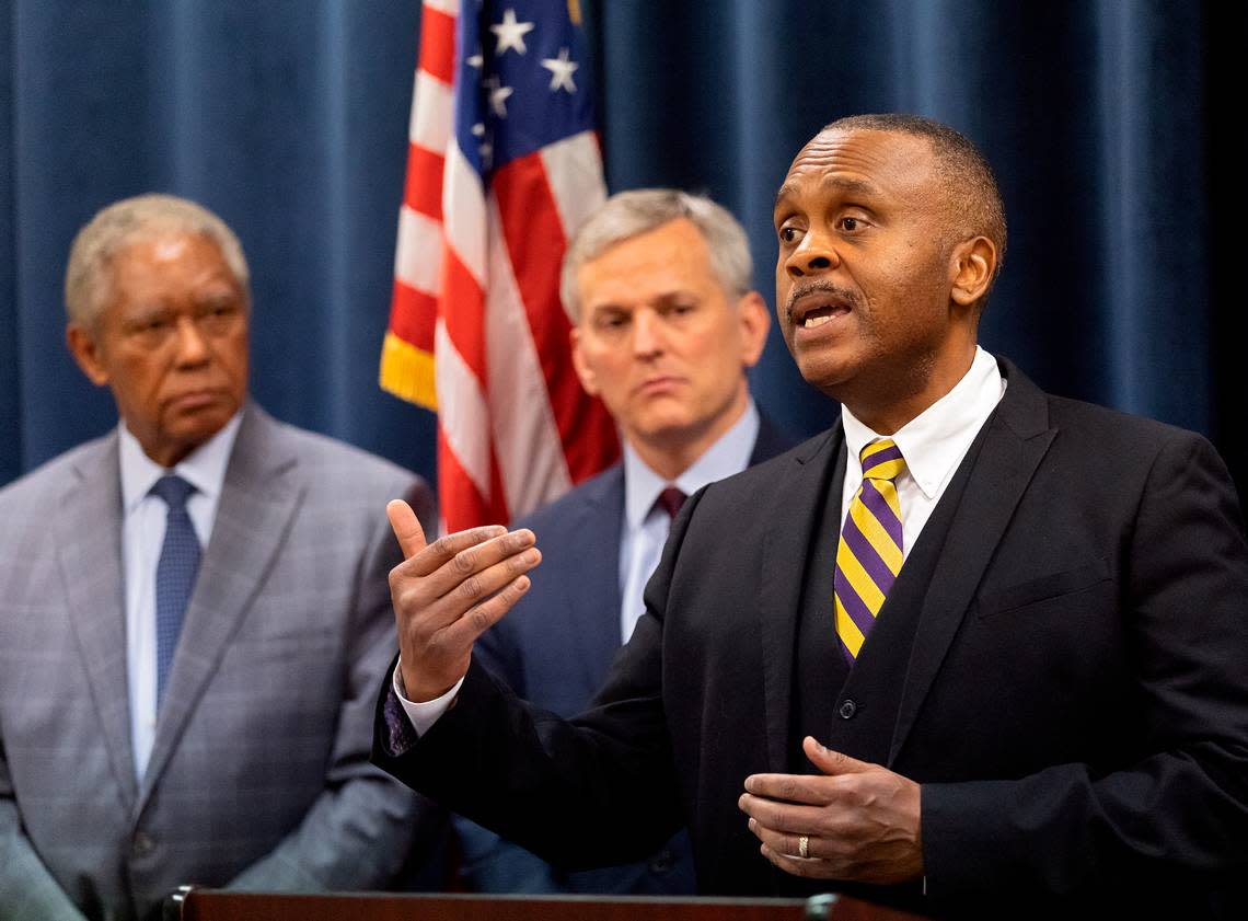 In this file photo, North Carolina House Minority Leader Robert Reives speaks at the North Carolina Department of Justice in Raleigh, N.C. On the left are Senate Minority Leader Dan Blue and Attorney General Josh Stein. Stein, a Democrat, is running for governor.