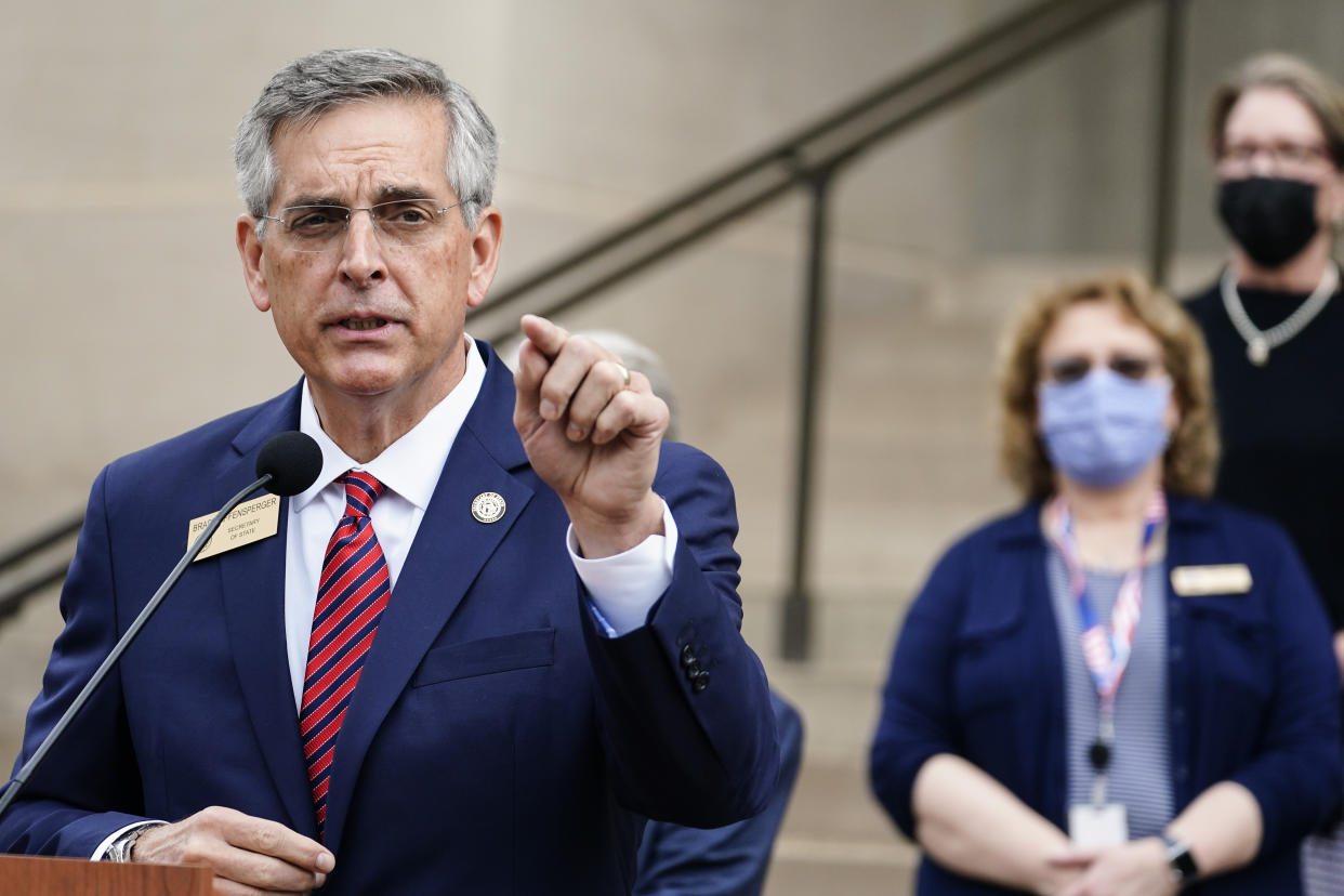 <p>Georgia Secretary of State Brad Raffensperger speaks during a news conference on 11 November in Atlanta</p> (AP Photo/Brynn Anderson)