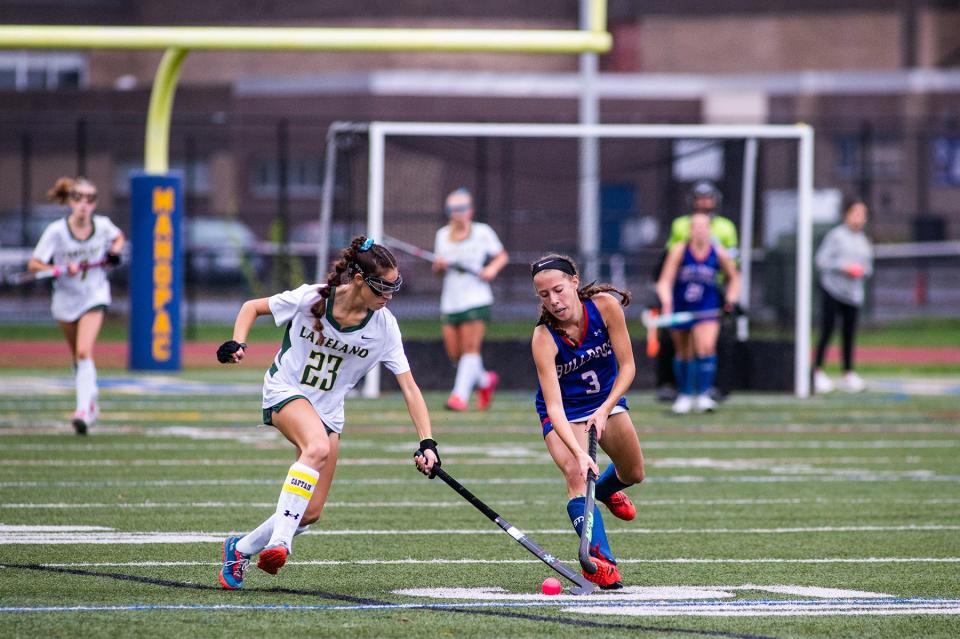 Lakeland's Emily Yazzetti, left, fends off South Glens Falls' Nora Trimarchi during the Class B field hockey regionals game in Mahopac, NY on Sunday, November 6, 2022. South Glens Falls defeated Lakeland 3-1.
