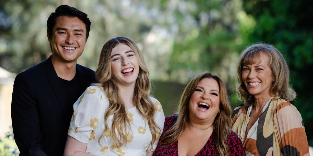 tim kano, georgie stone, rebekah elmaloglou annie jones in neighbours revival promotional pictures