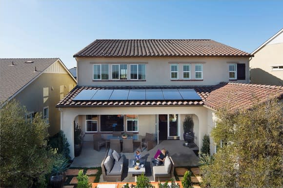 Home with rooftop solar panels.