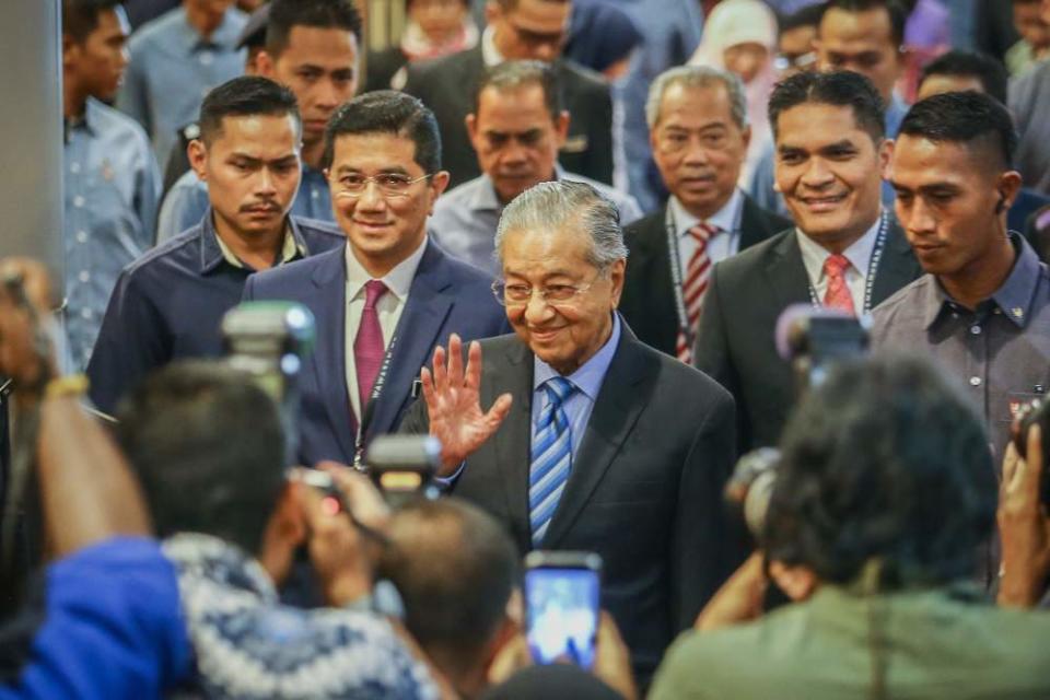 Prime Minister Tun Dr Mahathir Mohamad (centre) arrives at the launch of Shared Prosperity Vision 2030 ceremony in Kuala Lumpur October 5, 2019. ― Picture by Hari Anggara