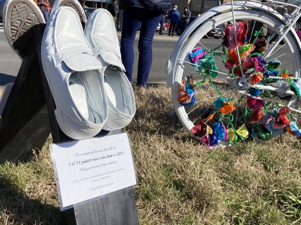 A memorial created with 37 pairs of white shoes and a white bicycle lines a median on Murfreesboro Pike, one of Nashville&#39;s most dangerous streets, on Jan. 29, 2022. A 38th pedestrian was killed in December 2021.
