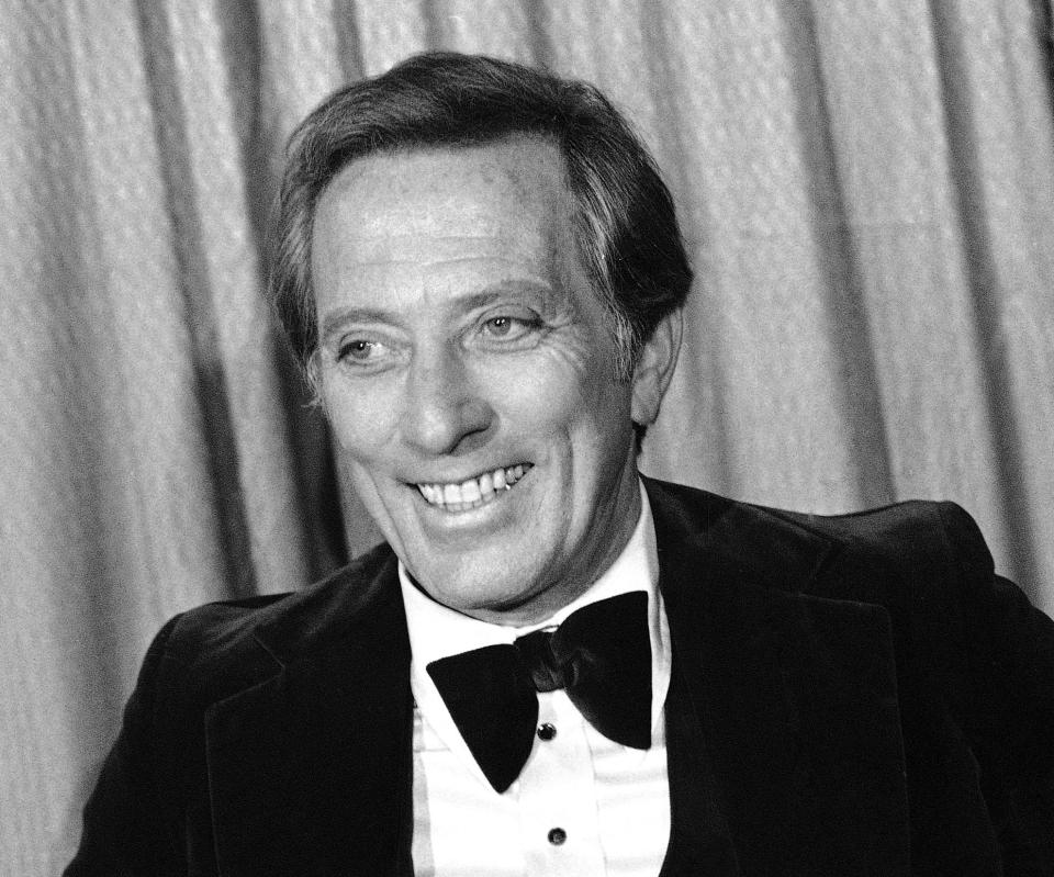 This Feb. 23, 1978 file photo shows performer and host Andy Williams at the Grammy Awards in Los Angeles. Williams, who had a string of gold albums and hosted several variety shows and specials like "The Andy Williams Show," died Tuesday, Sept. 25, 2012, at his home in Branson, Missouri, following a yearlong battle with bladder cancer, his Los Angeles-based publicist, Paul Shefrin, said Wednesday. He was 84. (AP Photo/Lennox McLendon, file)