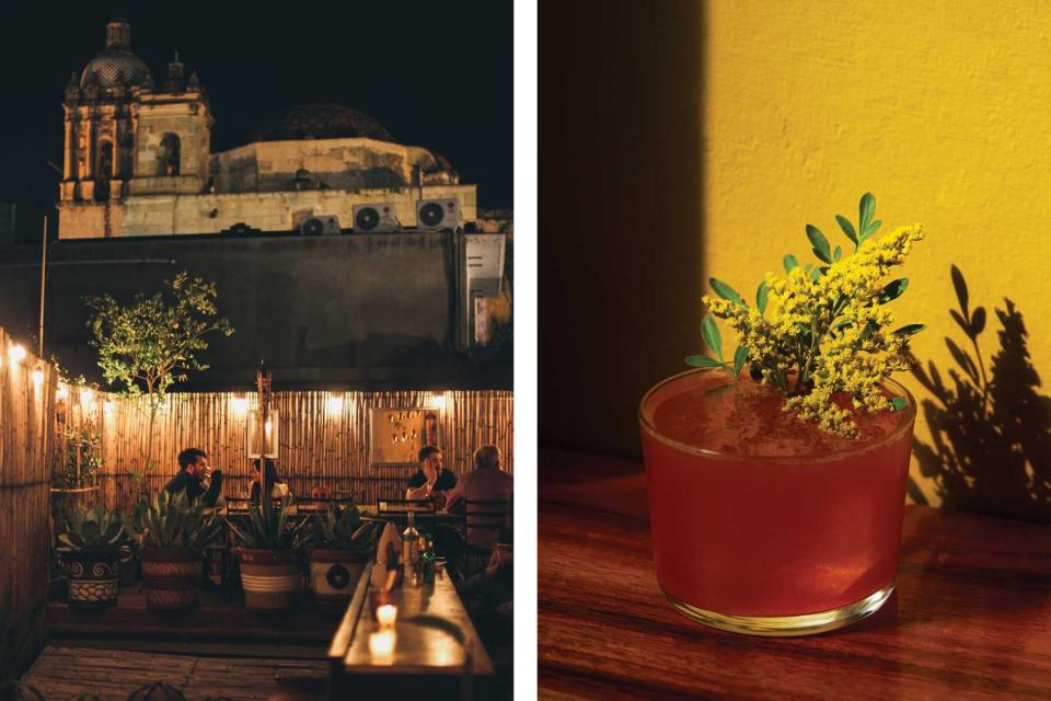 Outdoor seating and beautiful floral cocktail at El Destilado in Oaxaca