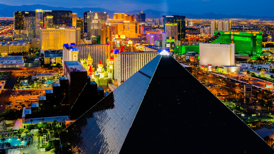 LAS VEGAS - AUGUST 13: An aerial view of Las Vegas Strip on August 13, 2012 in Las Vegas, Nevada.