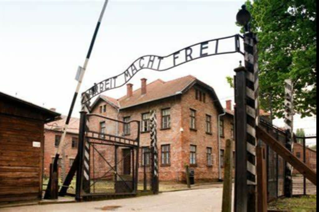 A Dutch tourist was fined for making a Nazi gesture at Auschwitz-Birkenau (Twitter/Malopolska Police)