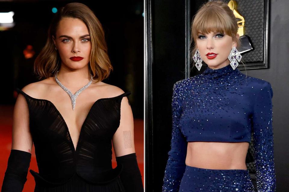 <p>Getty</p> Cara Delevingne (left) and Taylor Swift. 