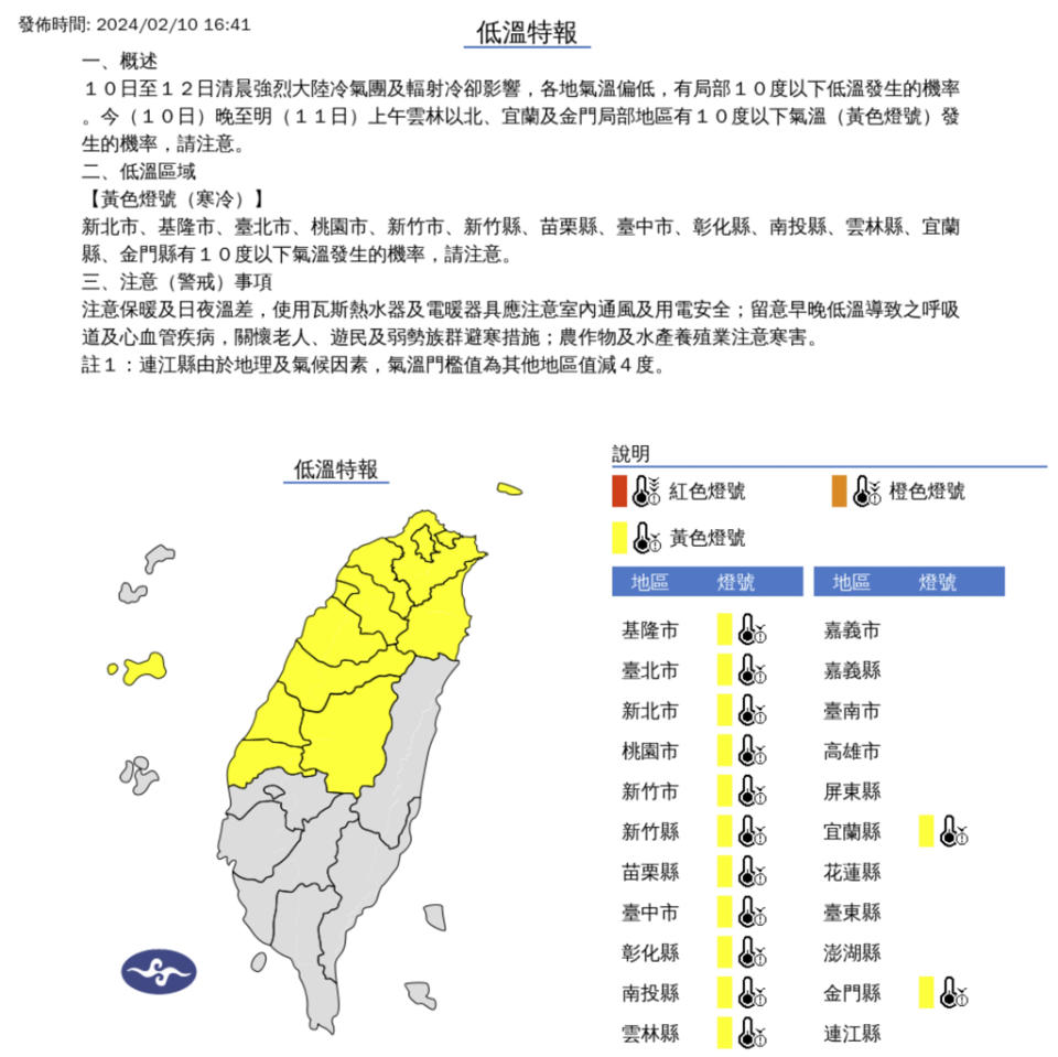 冷氣團仍在台灣上空攪局，氣象署10日下午針對雲林以北13縣市發布低溫特報。(圖／氣象署)