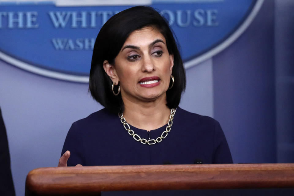 Administrator of the Centers for Medicare and Medicaid Services Seema Verma speaks about the coronavirus in the James Brady Press Briefing Room of the White House, Tuesday, April 7, 2020, in Washington. (AP Photo/Alex Brandon)