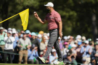 Jon Rahm, of Spain, celebrates after a putt on the sixth hole during the final round of the Masters golf tournament at Augusta National Golf Club on Sunday, April 9, 2023, in Augusta, Ga. (AP Photo/Charlie Riedel)