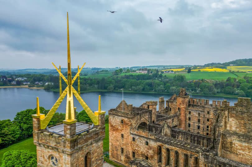 Spire of St Michael's Parish Church in Linlithgow, West Lothian, has been saved from potential collapse following a £400,000 renovation which has restored it to its former golden glory. Release date May 15 2024.