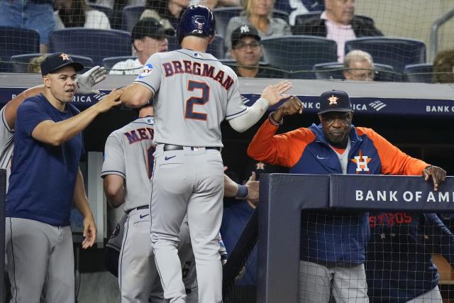 Yordan Alvarez of the Houston Astros celebrates in the dugout