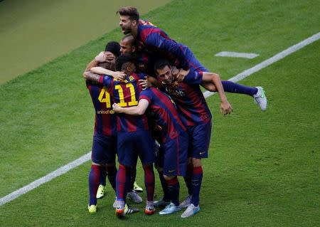Barcelona celebrates first goal. FC Barcelona v Juventus - UEFA Champions League Final - Olympiastadion, Berlin, Germany - 6/6/15. Reuters/Fabrizio Bensch