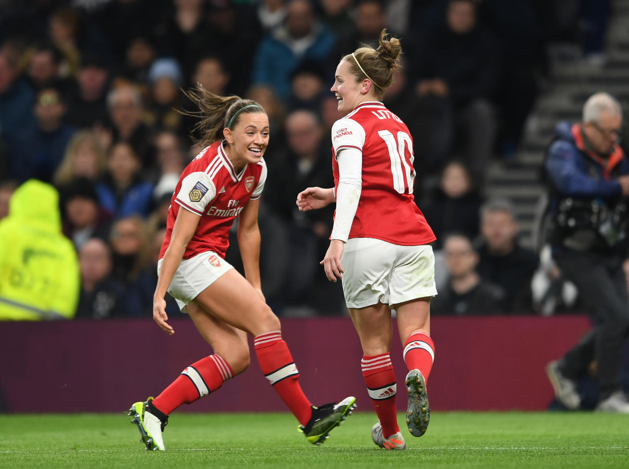 BARNET, ENGLAND - NOVEMBER 17: Kim Little celebrates scoring Arsenal's 1st goal with Katie McCabe during the Barclays FA Women's Super League match between Tottenham Hotspur and Arsenal at Tottenham Stadium on November 17, 2019 in Barnet, United Kingdom. (Photo by David Price/Arsenal FC via Getty Images)