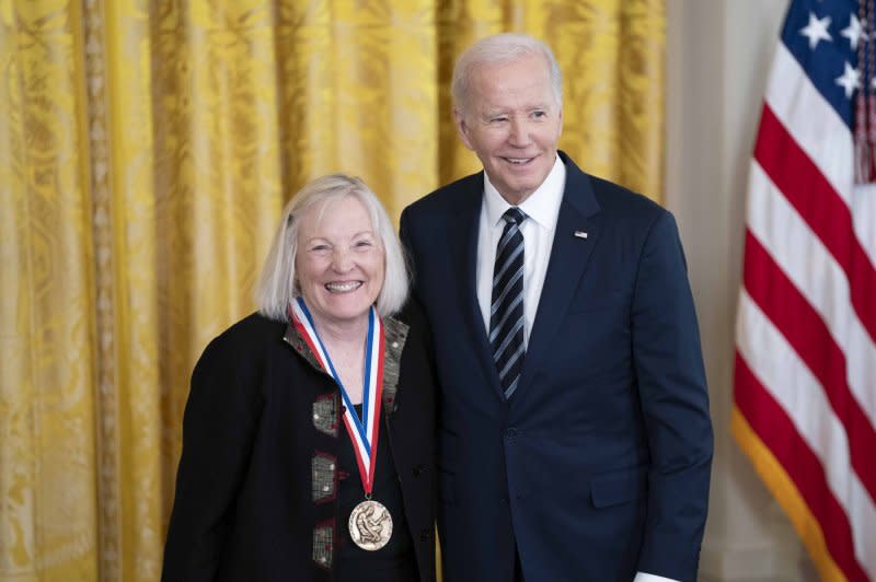 President Joe Biden awards Shelley Taylor the National Medal of Science during a ceremony at the White House in Washington, DC on Tuesday. Taylor, a UCLA Distinguished Professor Emeritus of Psychology, was acknowledged by the president for her "pioneering research on mental health and the influence of human connections." Photo by Bonnie Cash/UPI