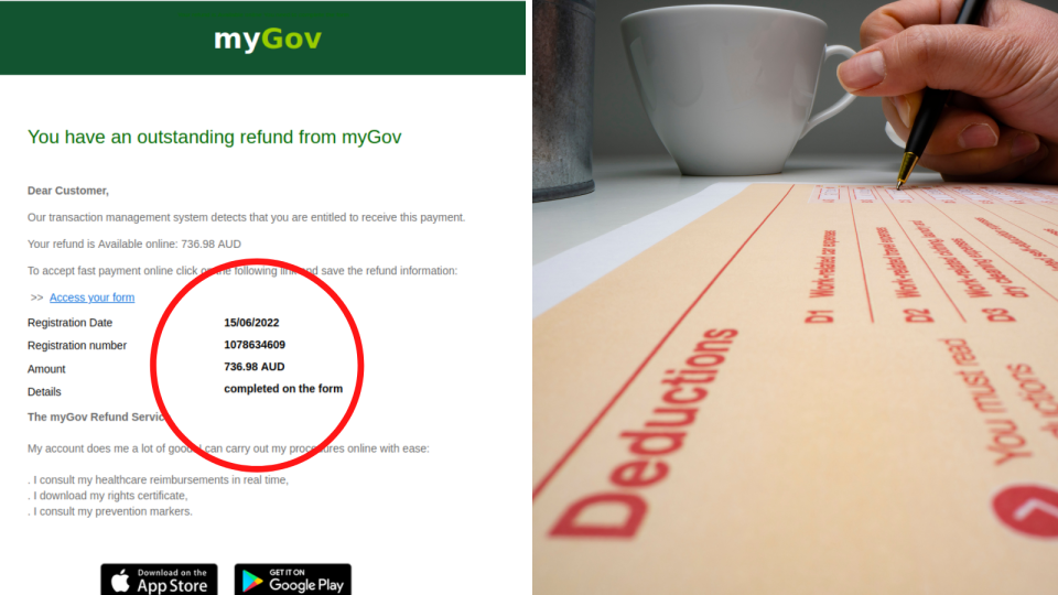 A copy of the myGov email scam and a person filling out their tax return deductions form.