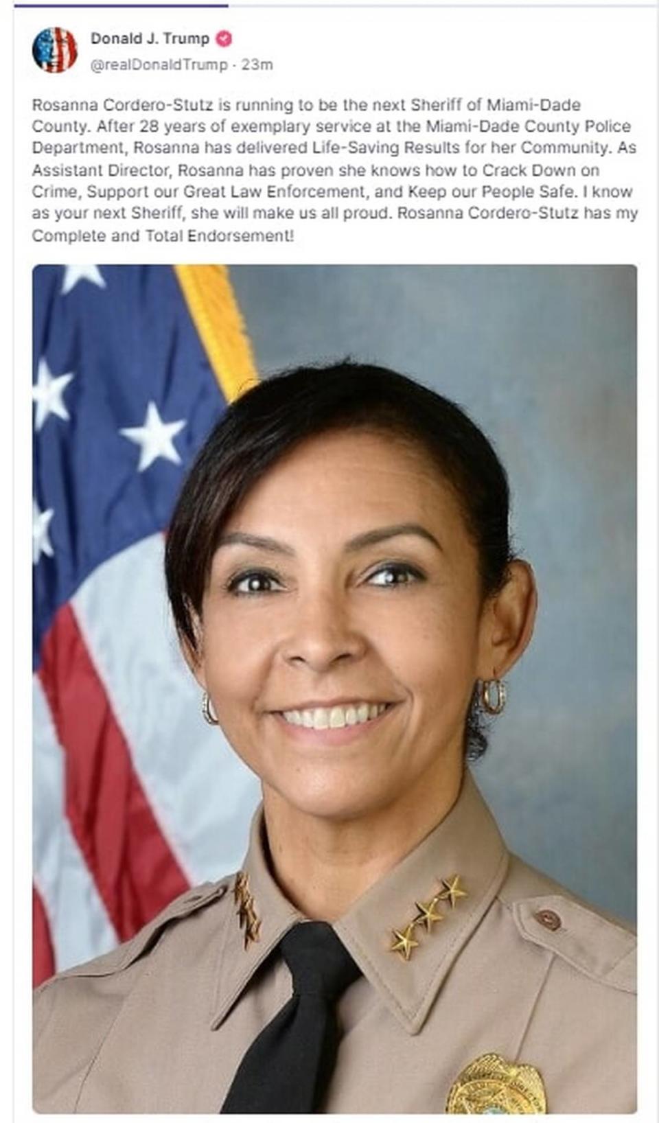 En una publicación de Truth Social del 24 de abril de 2024, el ex presidente Donald Trump respaldó a la candidata a jefe de policía electo del Condado Miami-Dade Rosanna 'Rosie' Cordero-Stutz.