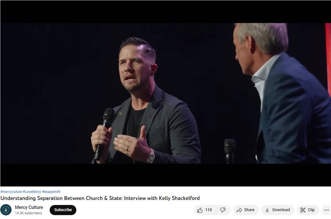 Lead Pastor Landon Schott, of Mercy Culture Church in Fort Worth, talks on-stage with Kelly Shackelford, a lawyer specializing in religious freedom cases. Schott doubled down on his political involvement and challenged the IRS to try to take away his church’s tax-exempt status. YouTube screenshot.