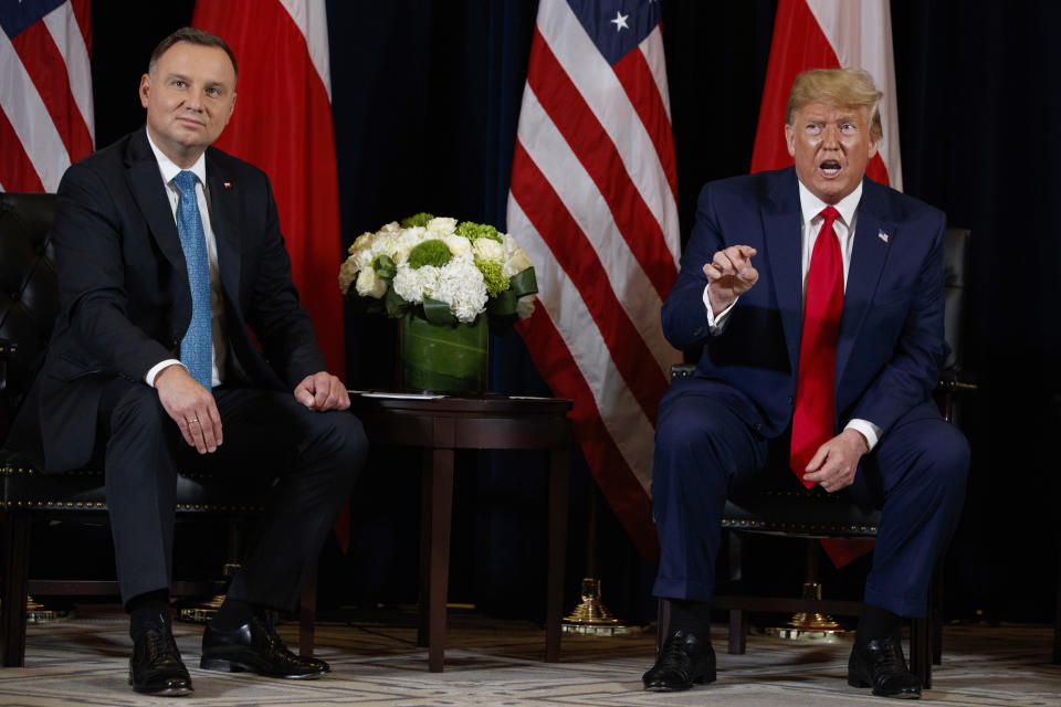 President Donald Trump meets with Polish President Andrzej Duda at the InterContinental Barclay hotel during the United Nations General Assembly, Monday, Sept. 23, 2019, in New York. (AP Photo/Evan Vucci)