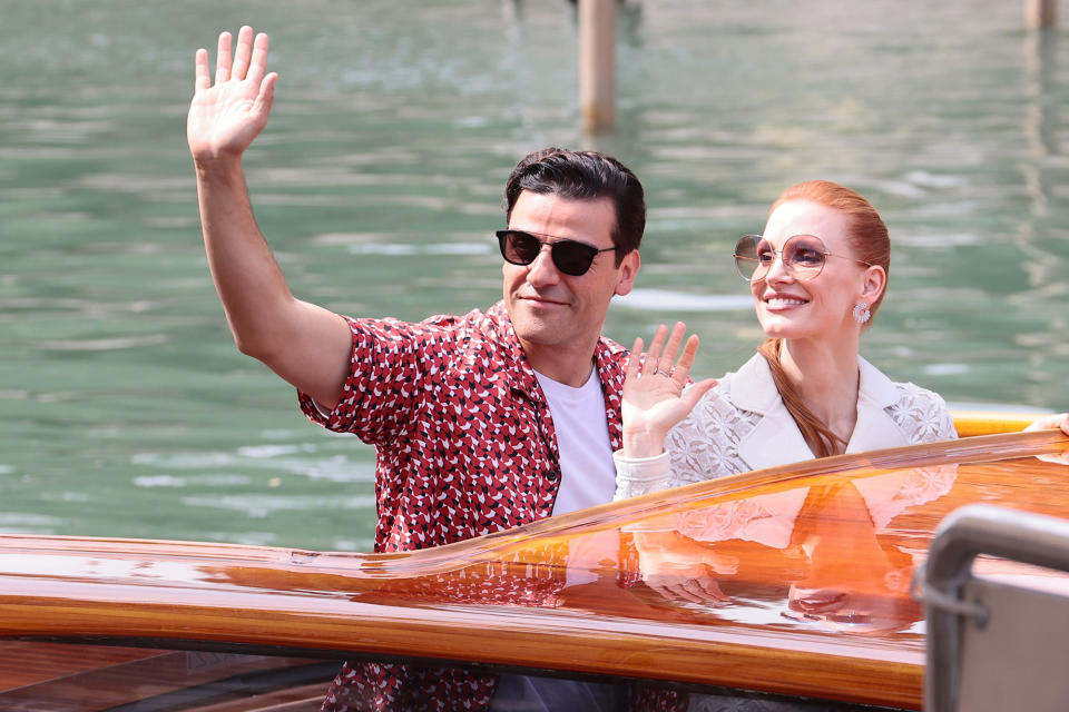 <p><em>Scenes from a Marriage </em>costars Oscar Isaac and Chastain waved as they arrived by water taxi on Sept. 4. </p>