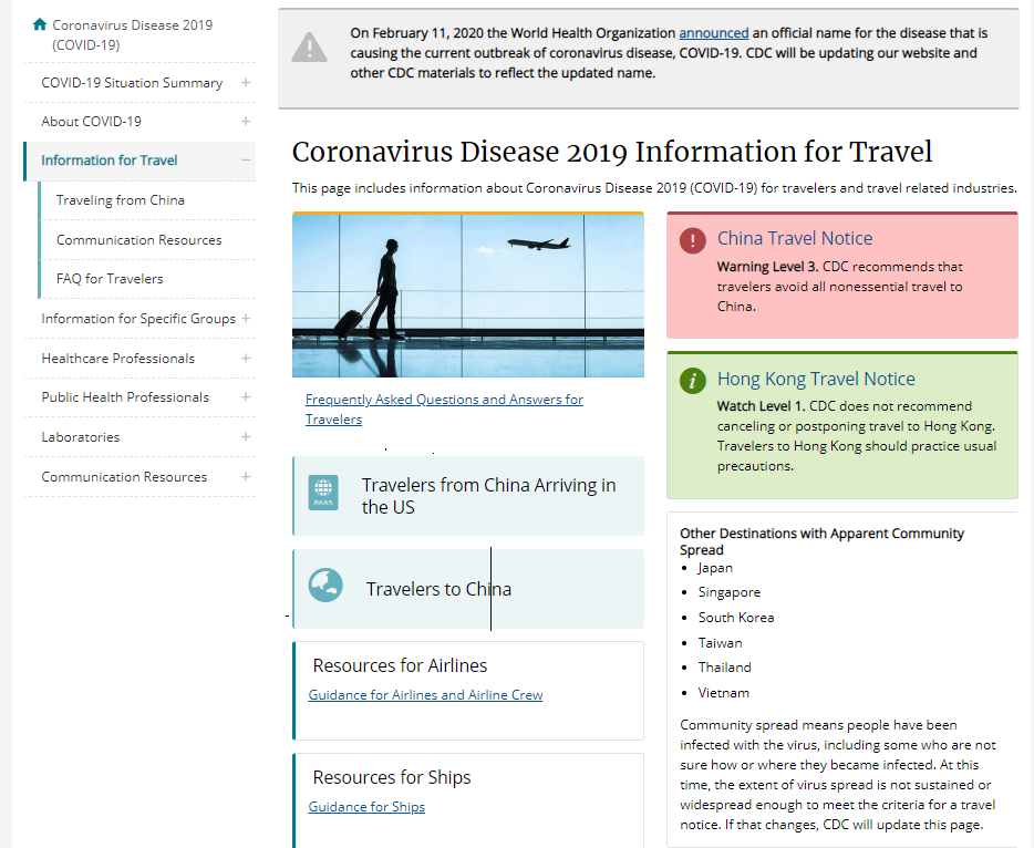 美國疾病管制暨預防中心針對已有65人確診2人死亡的香港發布第一級旅遊警示，建議取消或延遲前往香港。美國疾管中心也提醒在台灣、日本、新加坡、南韓、泰國與越南有社區傳染。(擷取自CDC官網)