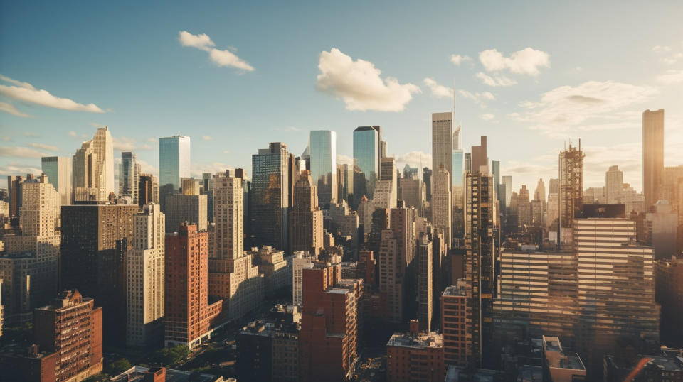 A busy urban skyline with tall buildings, sunlit in the late afternoon.