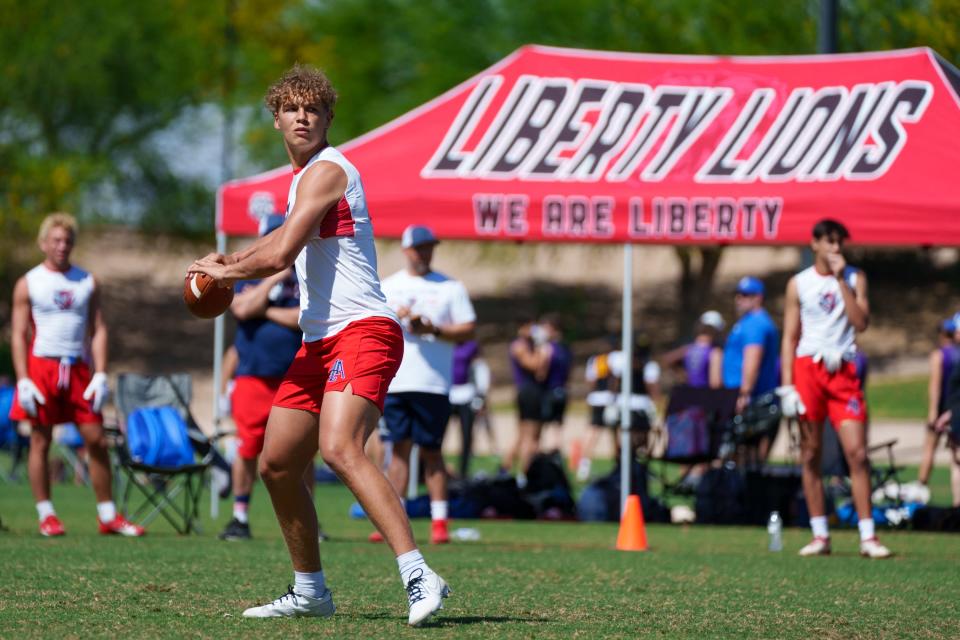 American Leadership academy quarterback Enoch Watson competes with the Patriots at the Gotta Believe Athletic Club's 7 on 7 football tournament at the Scottsdale Sports Complex on May 27, 2023, in Scottsdale.