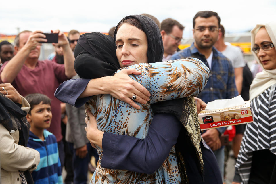Image: Prime Minister Jacinda Ardern hugs a mosque-goer at the Kilbirnie Mosque on March 17, 2019 in Wellington, New Zealand. (Hagen Hopkins / Getty Images file)