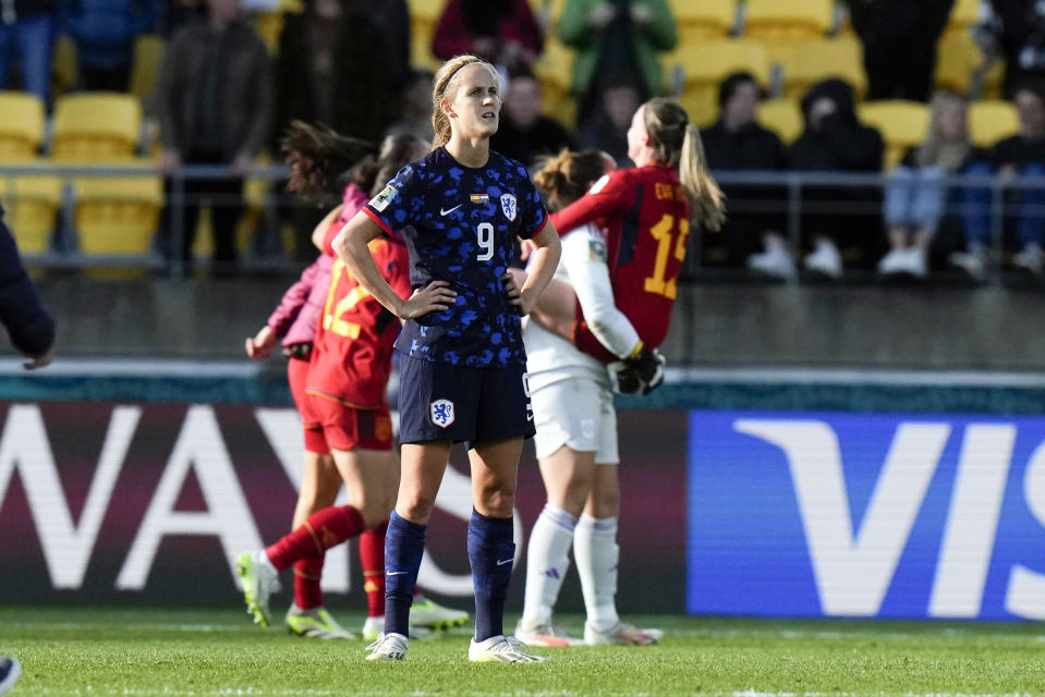 Netherlands' Katja Snoeijs reacts after losing the Women's World Cup quarterfinal soccer match against Spain in Wellington, New Zealand, Friday, Aug. 11, 2023. (AP Photo/Alessandra Tarantino)