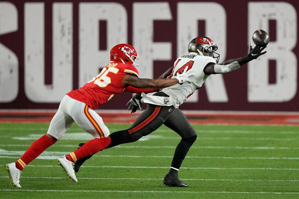 Kansas City Chiefs cornerback Charvarius Ward breaks up a pass intended for Tampa Bay Buccaneers wide receiver Chris Godwin during the first half of the NFL Super Bowl 55 football game Sunday, Feb. 7, 2021, in Tampa, Fla.