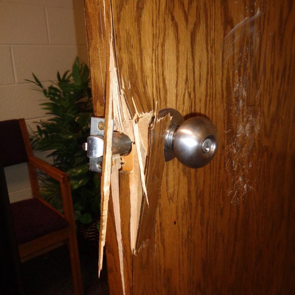 A lock on a door is broken at the Church of Jesus Christ of Latter-day Saints on County Road 6523 in the area of Kirtland. It was broken into sometime on Dec. 28 or Dec. 29.