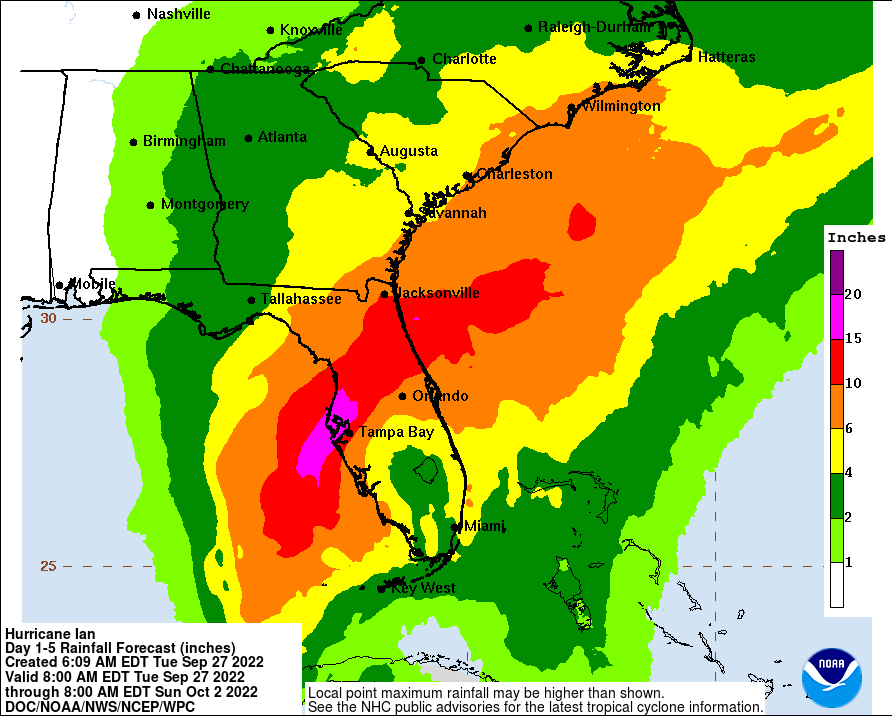 NHC predictions on rainfall from Hurricane Ian as of Tuesday morning, Sept. 27