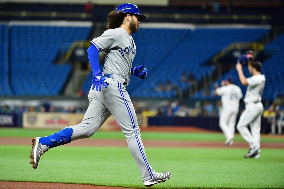 ST. PETERSBURG, FLORIDA - SEPTEMBER 05: Bo Bichette #11 of the Toronto Blue Jays runs the bases after hitting a home run off of Austin Pruitt #45 of the Tampa Bay Rays in the first inning of a baseball game at Tropicana Field on September 05, 2019 in St. Petersburg, Florida. (Photo by Julio Aguilar/Getty Images)