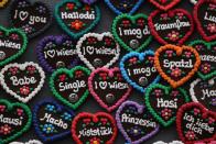 Typical Oktoberfest heart badges are pictured at a beer tent on the opening day of the Oktoberfest.