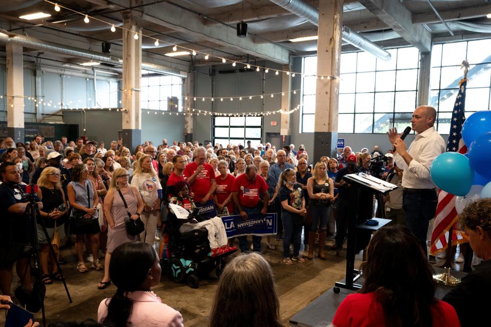 Rep. Greg Landsman speaks during a rally to support Vice President Kamala Harris presidential candidacy held by Hamilton County Commissioner Alicia Reece and himself in Cincinnati on Sunday, July 28, 2024.